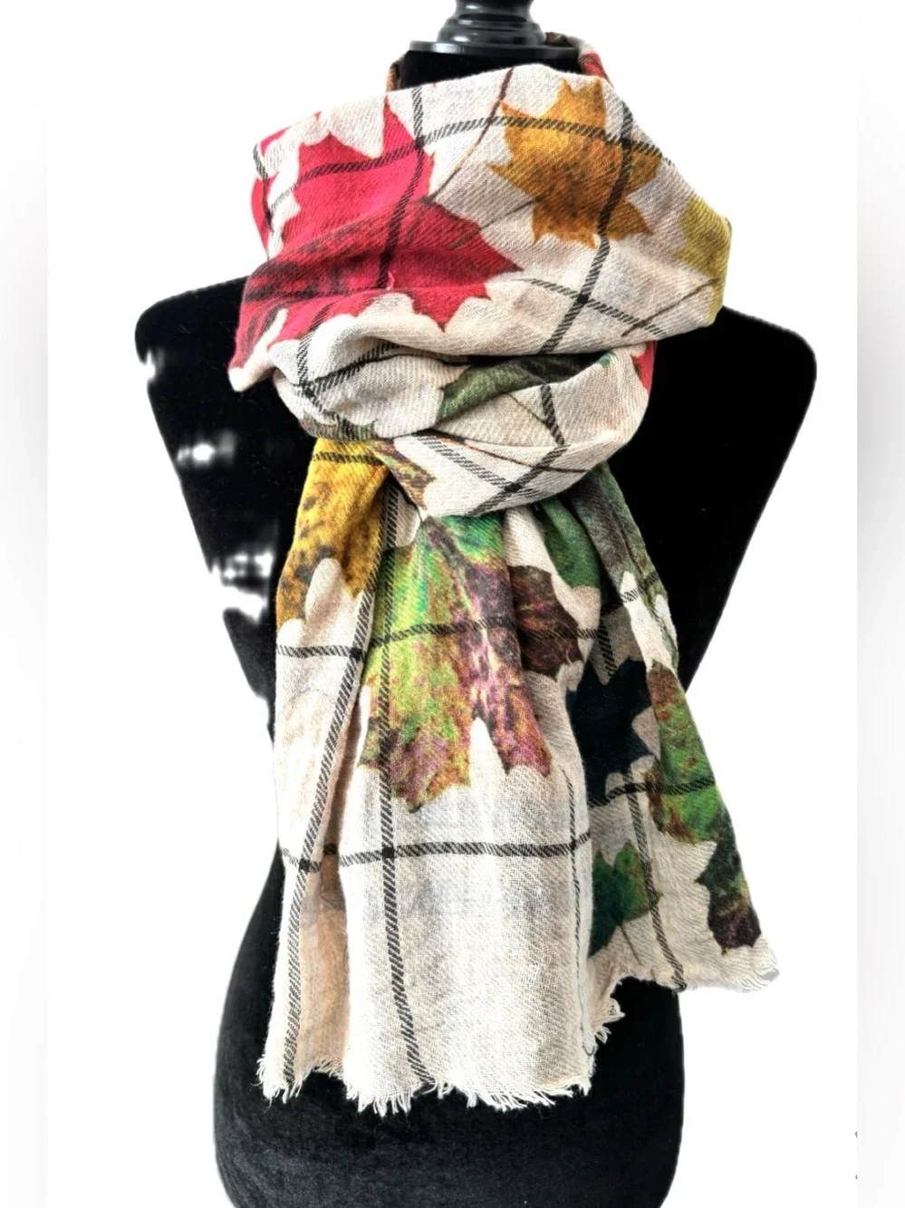 The Blue Turban Wool Cotton Blend Floral Leaf Print Scarf 25x70